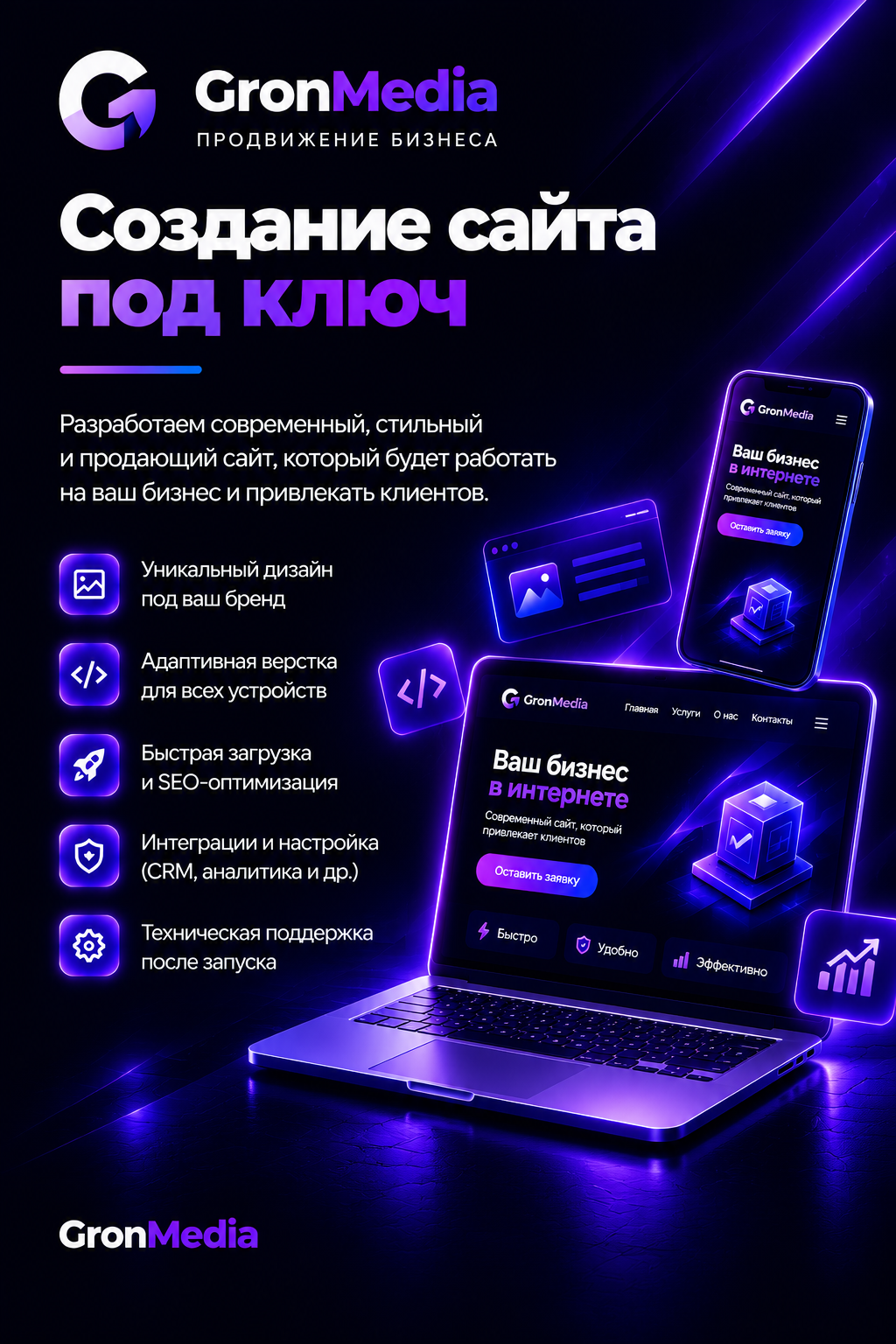 Создание сайта под ключ — промоблок GronMedia с ноутбуком и телефоном