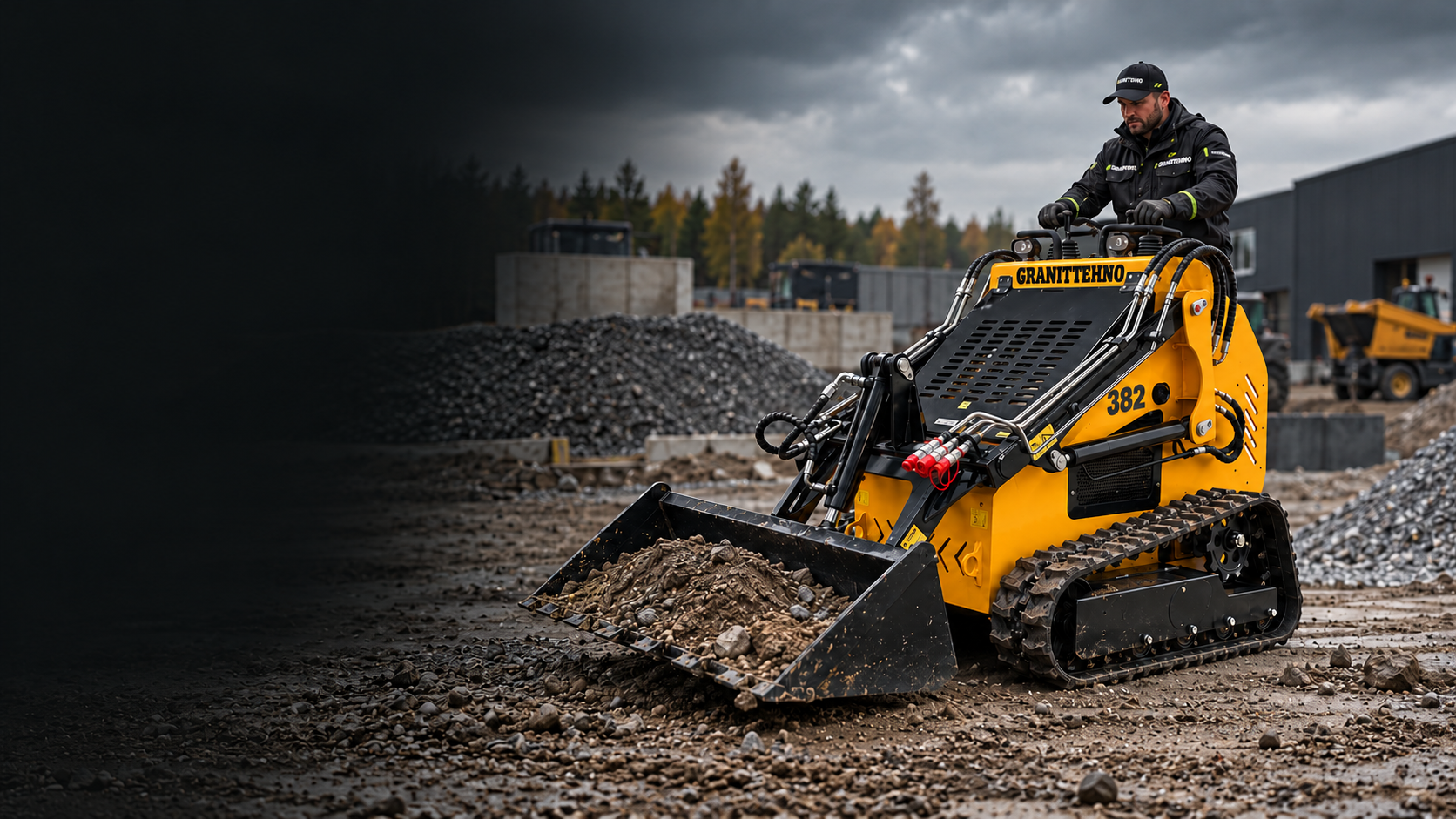 Мини-погрузчик GRANITTEHNO GT382 в рабочей сцене — иллюстрация