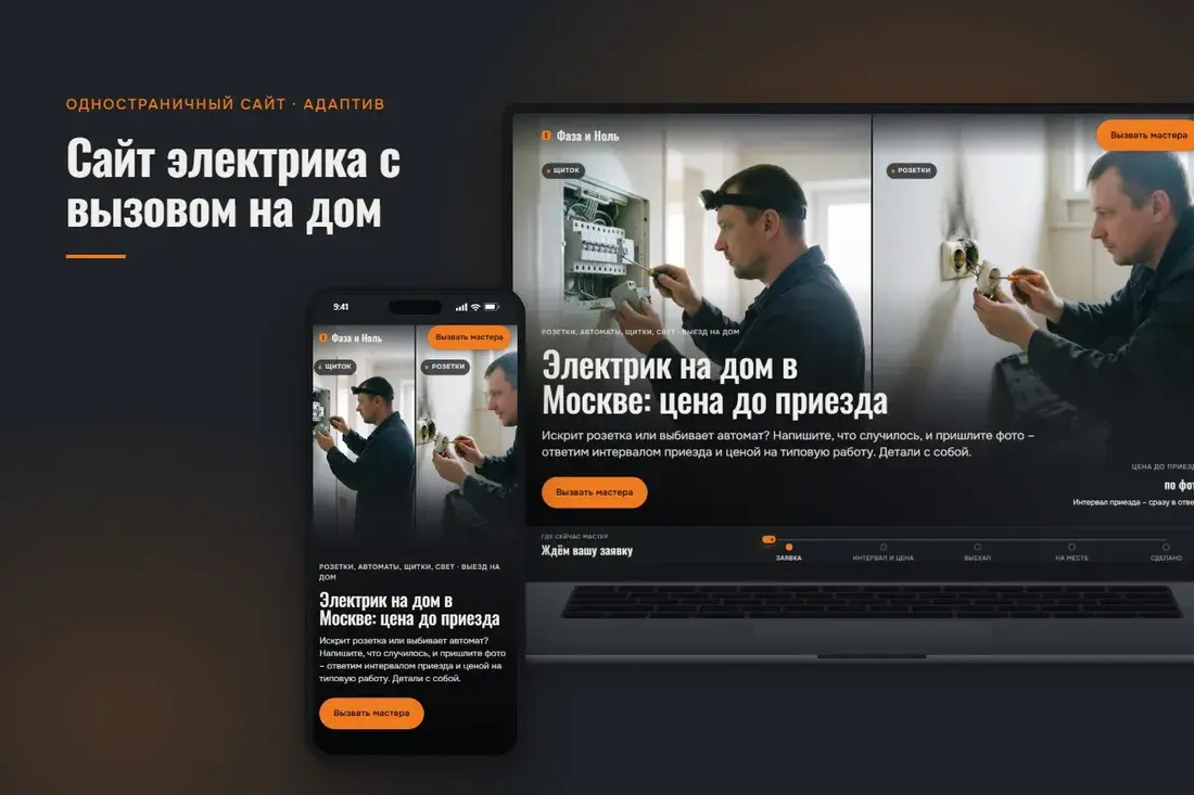 Сайт электрика с вызовом на дом на ноутбуке и телефоне