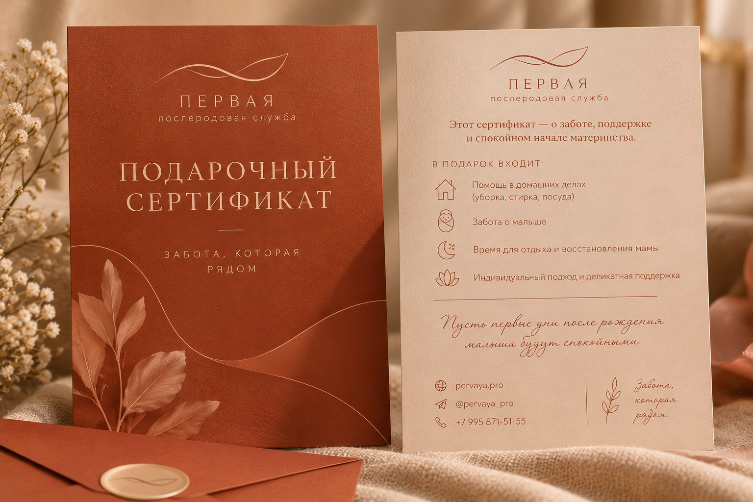Фирменные подарочные сертификаты Первой послеродовой службы: терракотовая и светло-бежевая стороны с логотипом службы, фирменный конверт и сухоцветы на мягком текстильном фоне