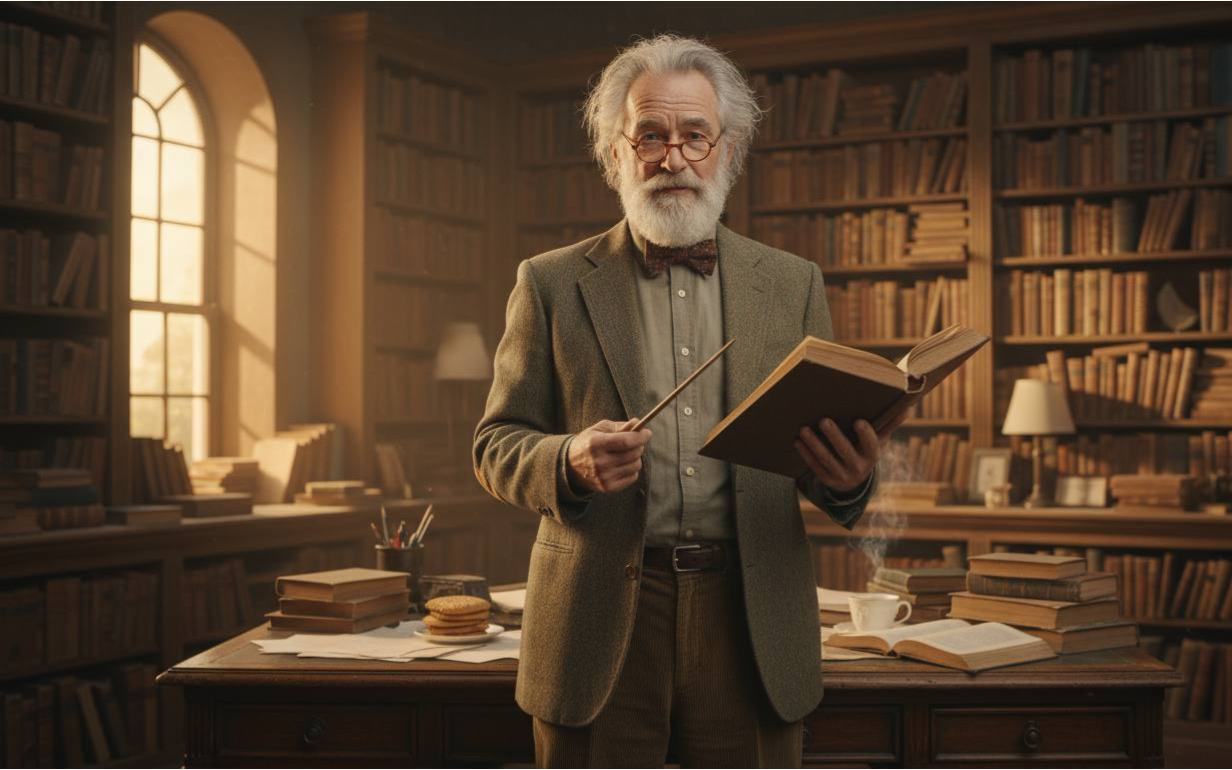 Иван Васильевич Сидоров с книгой в библиотеке