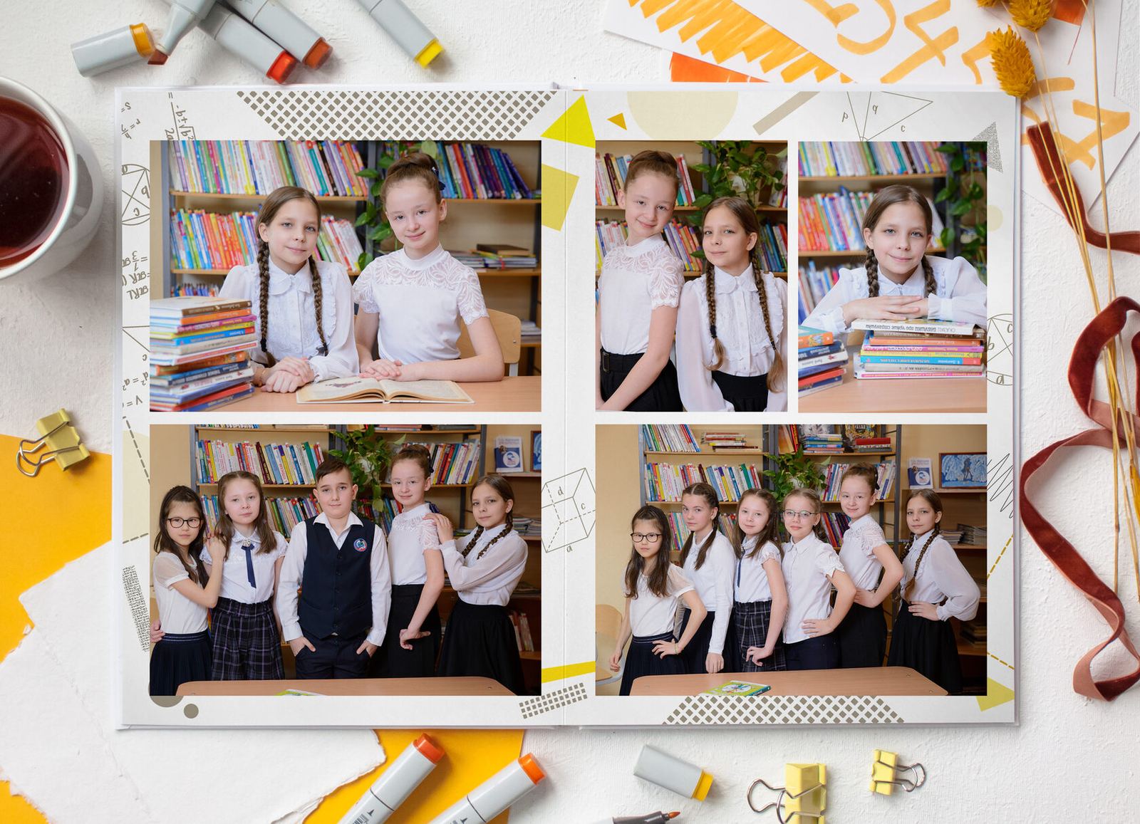 Разворот выпускного альбома 4 класса с фотографиями класса