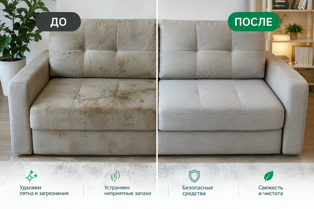 Диван до и после химчистки: пятна и запахи удалены