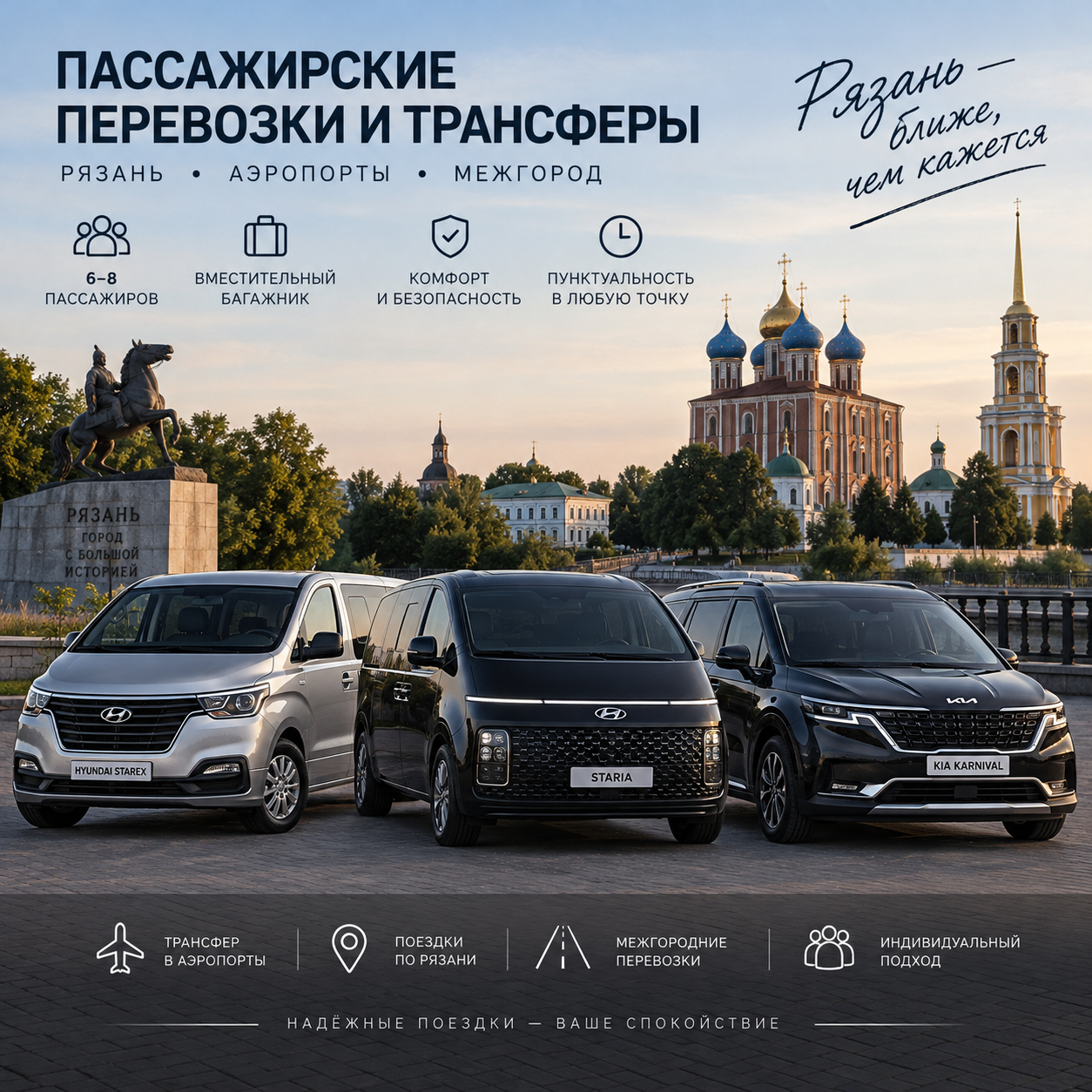 Минивэны стандарт-класса Hyundai Starex, Staria, Kia Carnival на фоне Рязани
