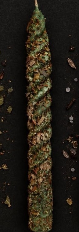 Green Money candle rolled with dried herbs