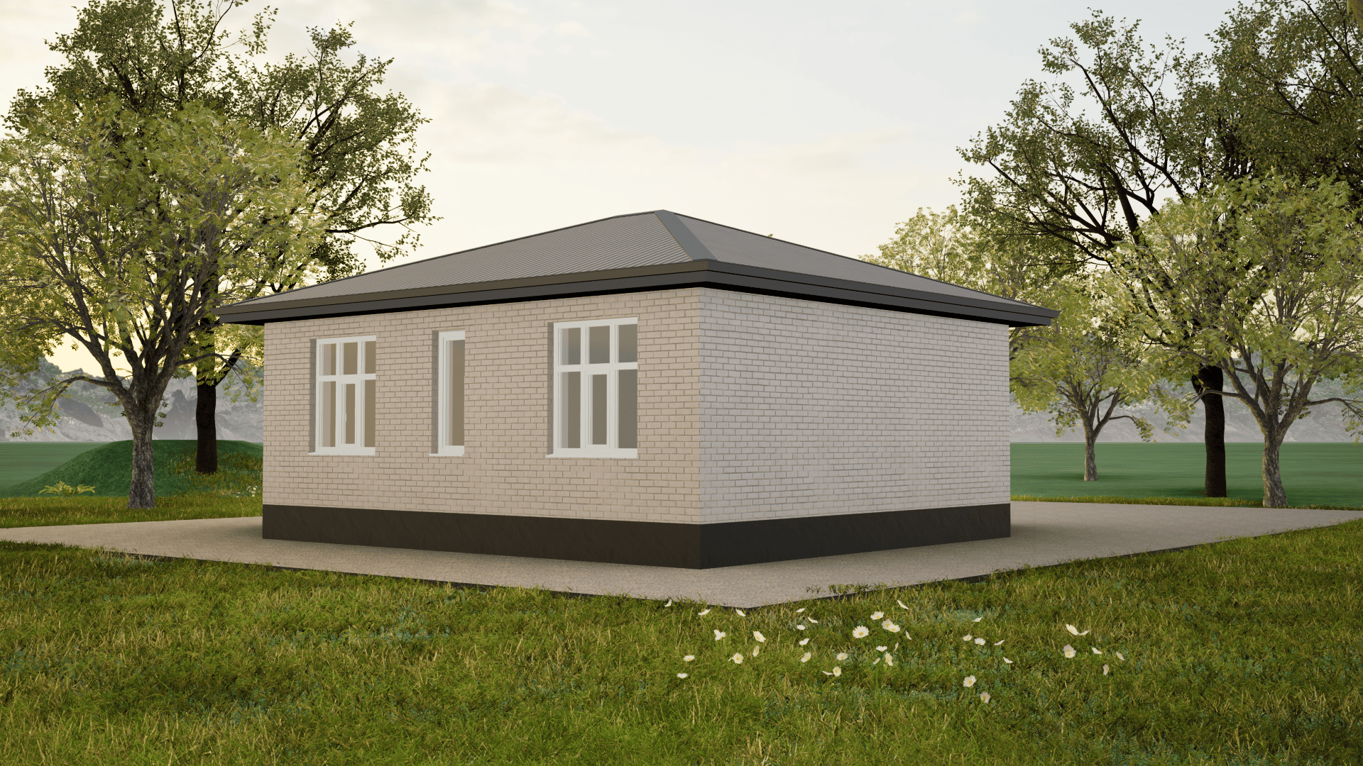 Маленький одноэтажный дом в Ставрополе из белого силикатного кирпича с белыми окнами и темной крышей цвета серый графит