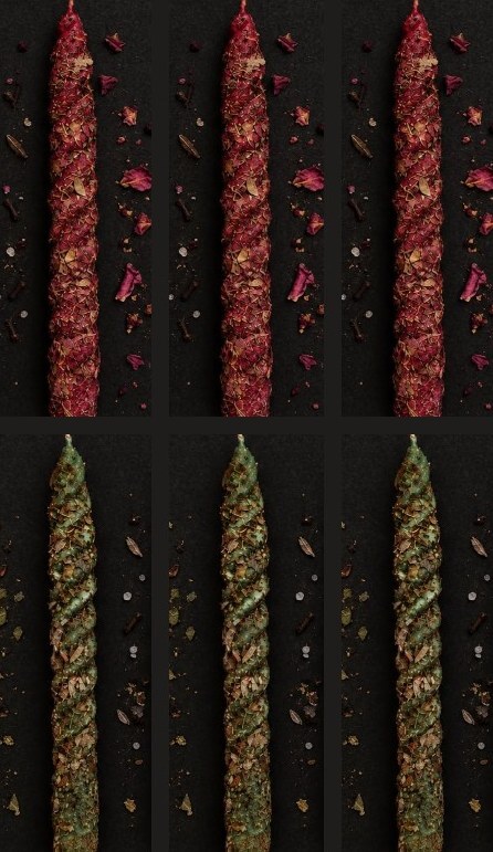 Six candles: three red Love and three green Money