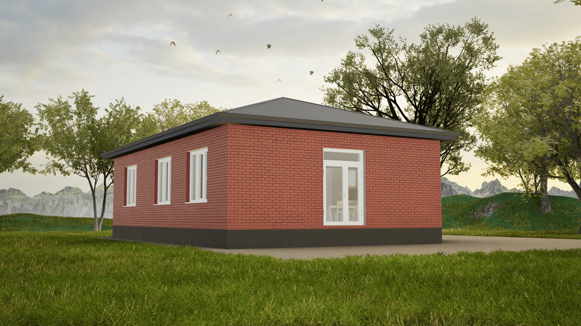 Одноэтажный дом в Ставрополе из красного кирпича с белыми окнами и темной крышей цвета серый графит