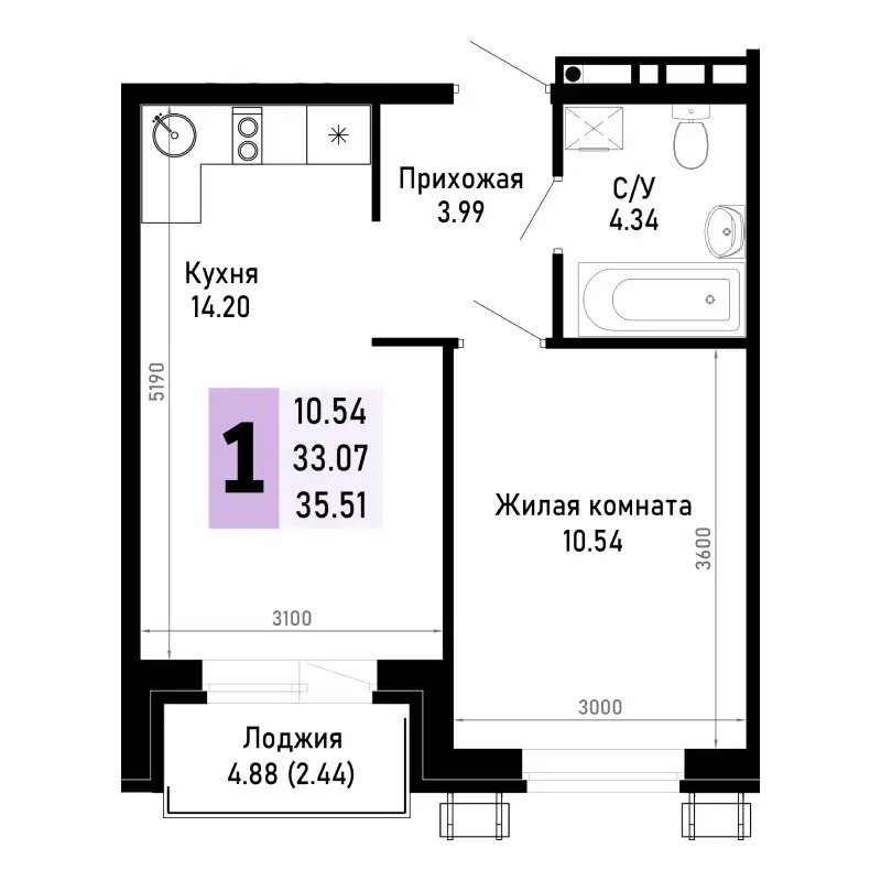Планировка 1-комнатной квартиры 35.51 м²