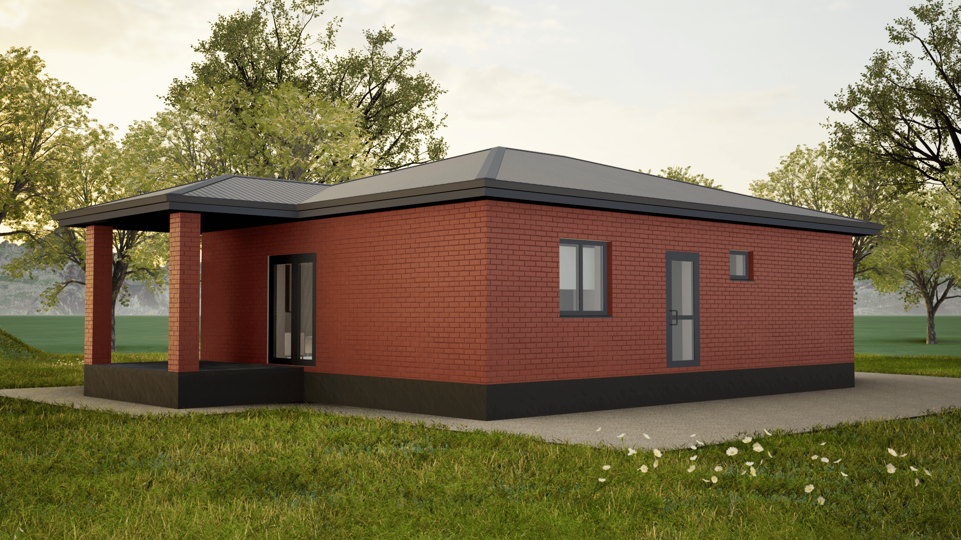 Одноэтажный дом в Ставрополе из красного кирпича с темными окнами, крытой террасой и темной крышей цвета серый графит
