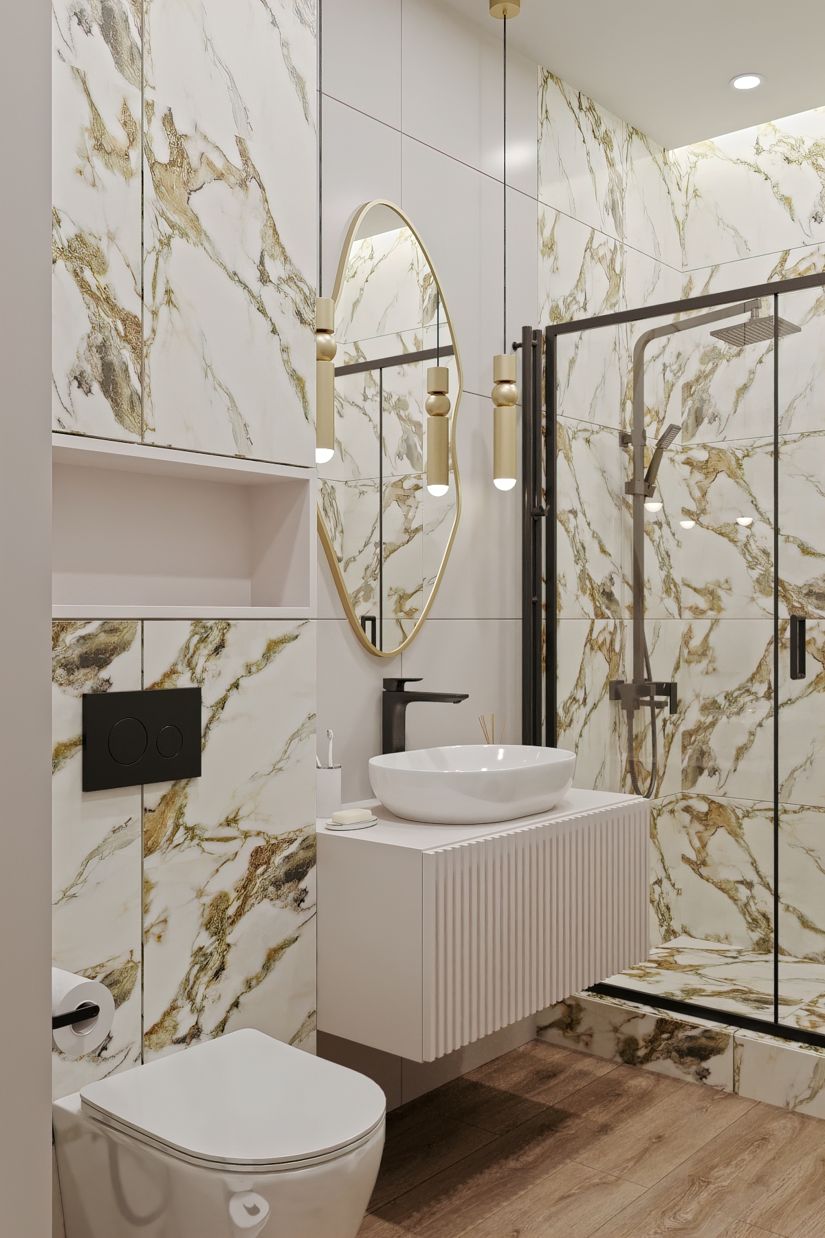 Современная ванная комната с золотыми акцентами