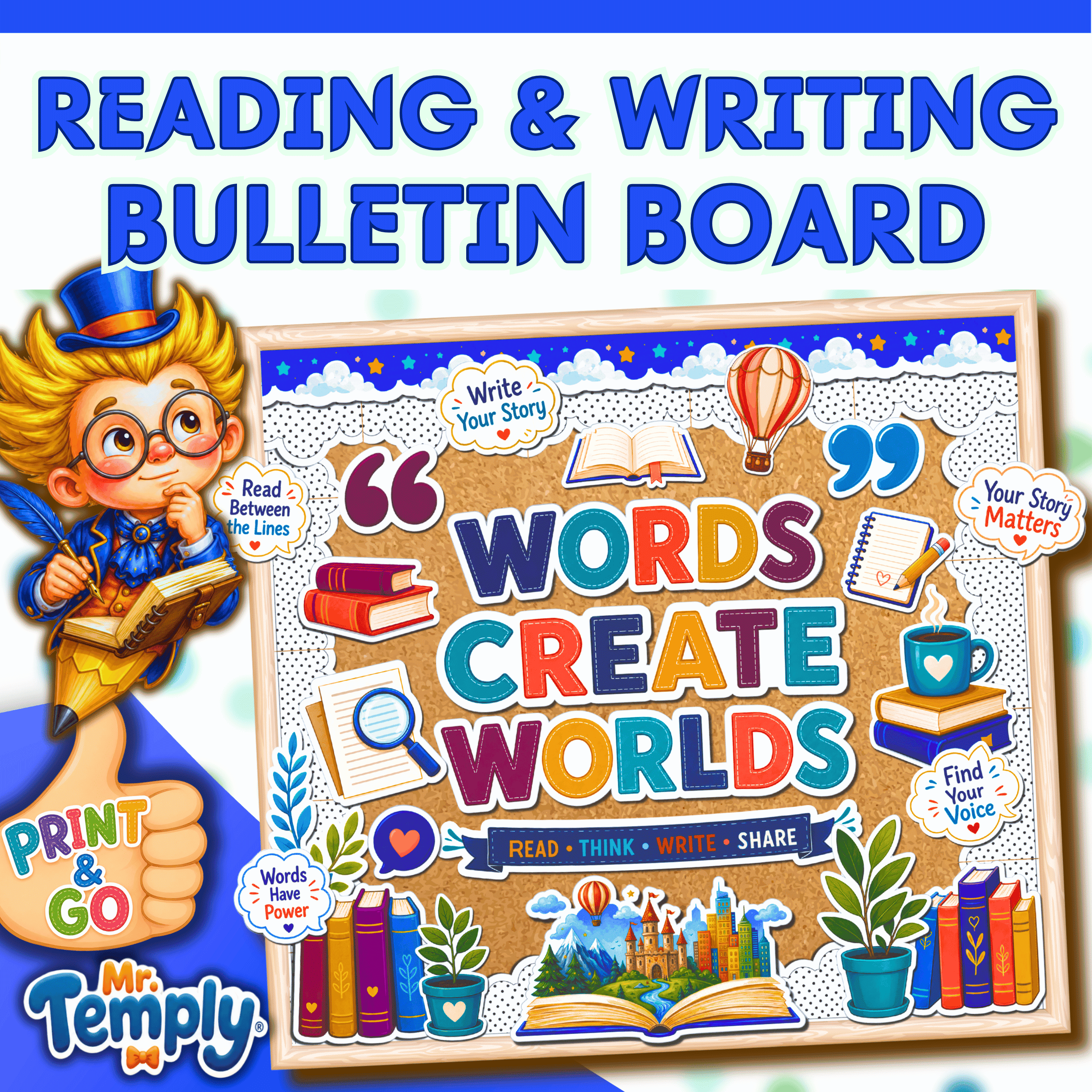 Words Create Worlds reading and writing bulletin board