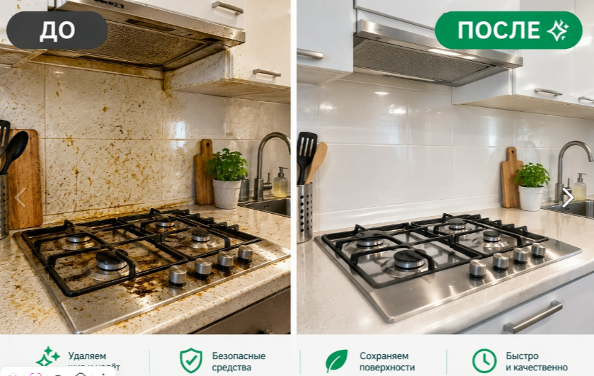 Кухня до и после уборки: жир на плите и вытяжке