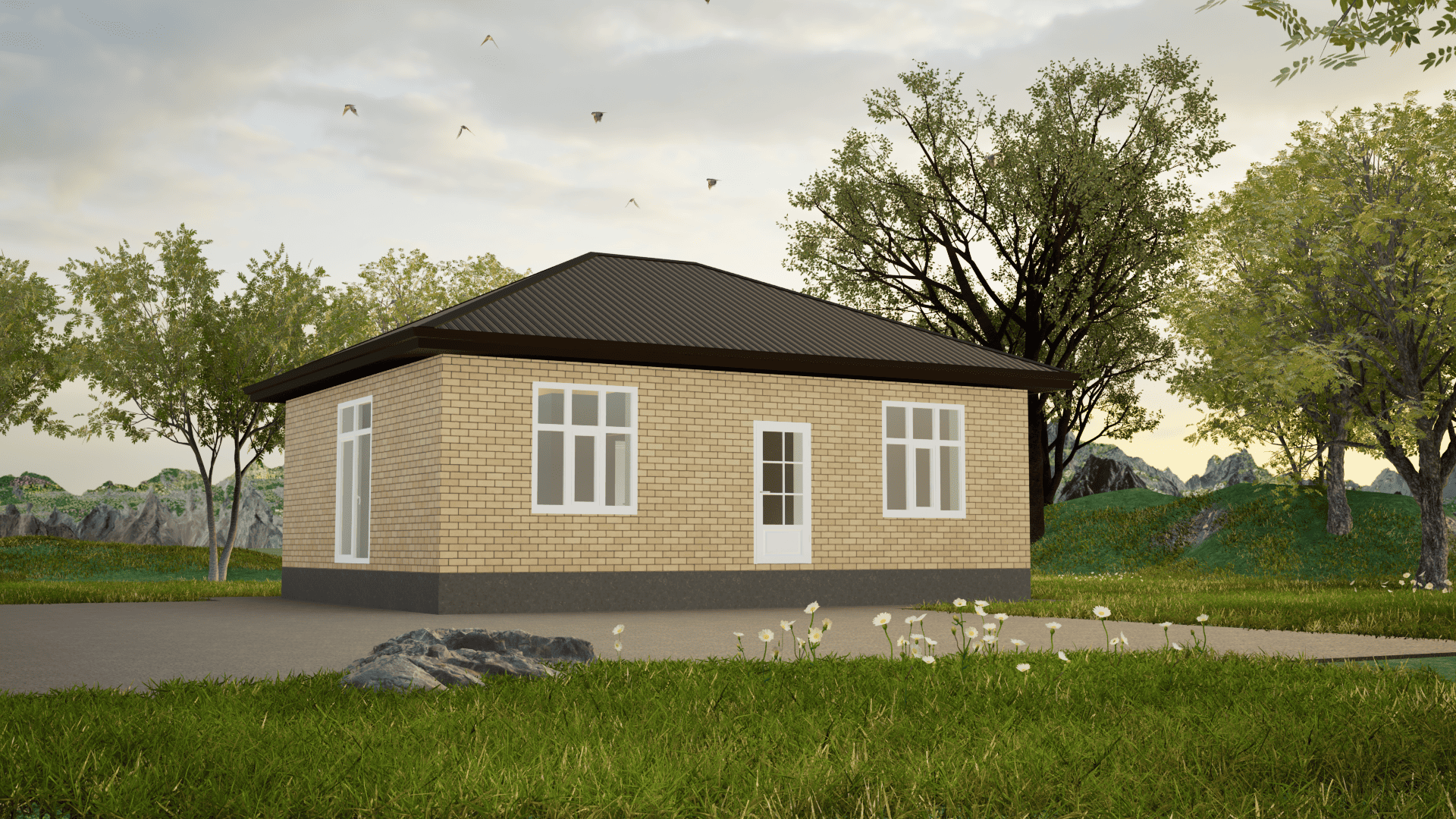 Маленький одноэтажный дом в Ставрополе из желтого силикатного кирпича с белыми окнами и темной крышей цвета серый графит