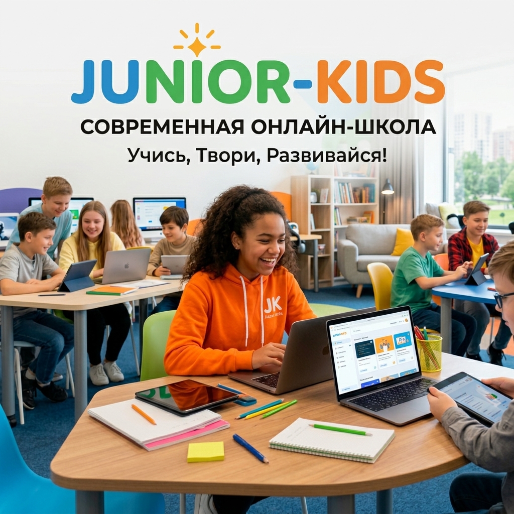 Ребёнок 7–12 лет занимается онлайн за ноутбуком, рядом книги и тетрадь, на экране онлайн-урок