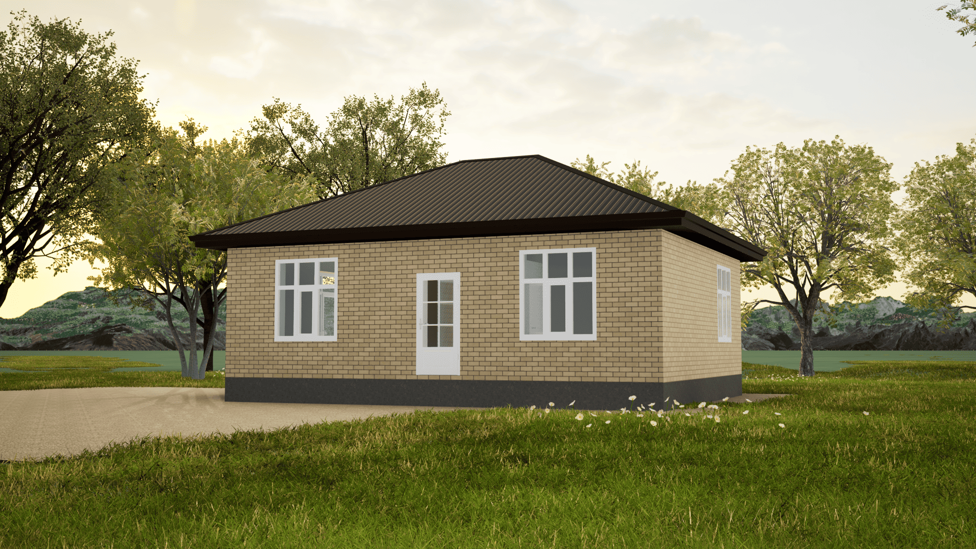 Маленький одноэтажный дом в Ставрополе из желтого силикатного кирпича с белыми окнами и темной крышей цвета серый графит