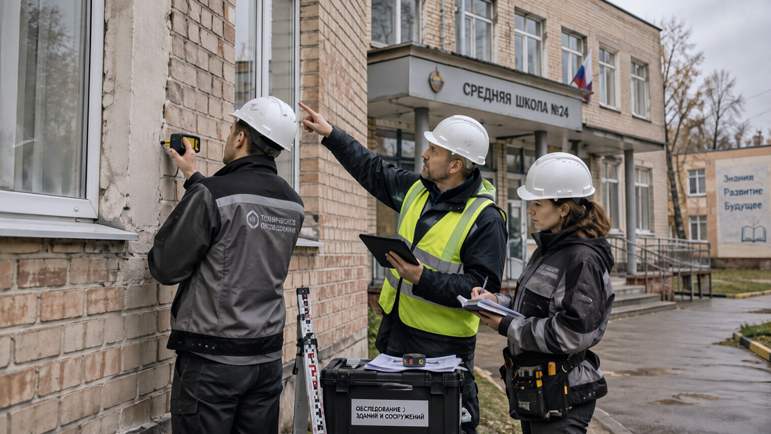 Инженер ООО «СИБПРОЕКТ» проводит обследование здания школы