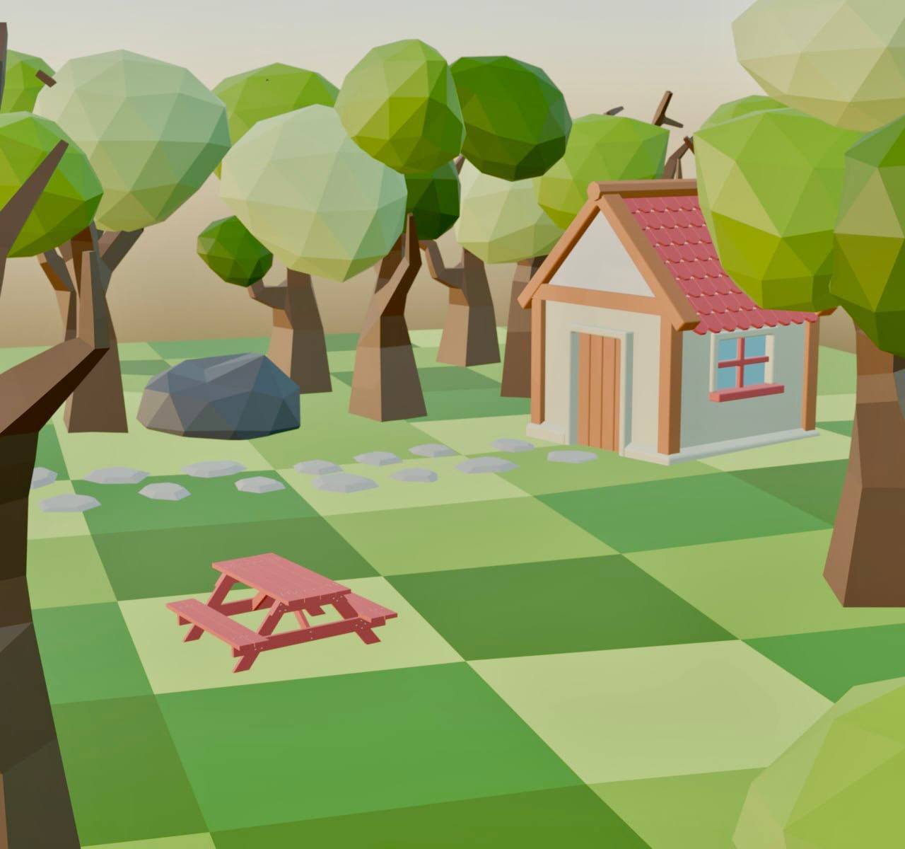 Стилизованная Low Poly-локация с домом, деревьями и столом для пикника