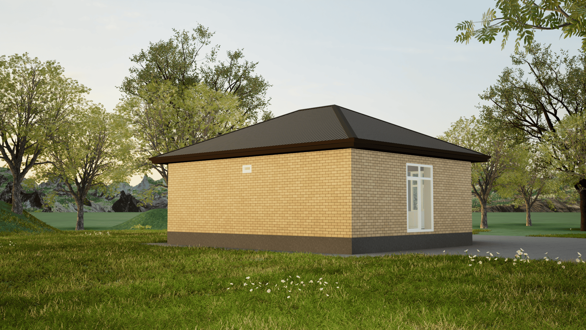 Маленький одноэтажный дом в Ставрополе из желтого силикатного кирпича с белыми окнами и темной крышей цвета серый графит