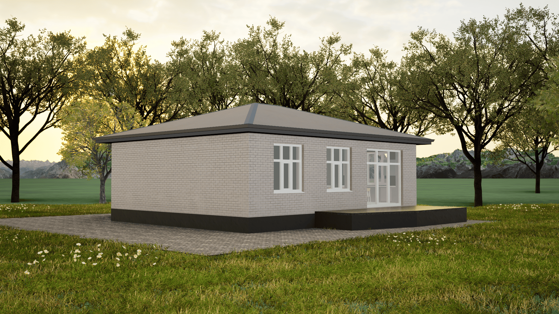 Одноэтажный дом в Ставрополе из белого силикатного кирпича с белыми окнами, открытой террасой и темной крышей цвета серый графит