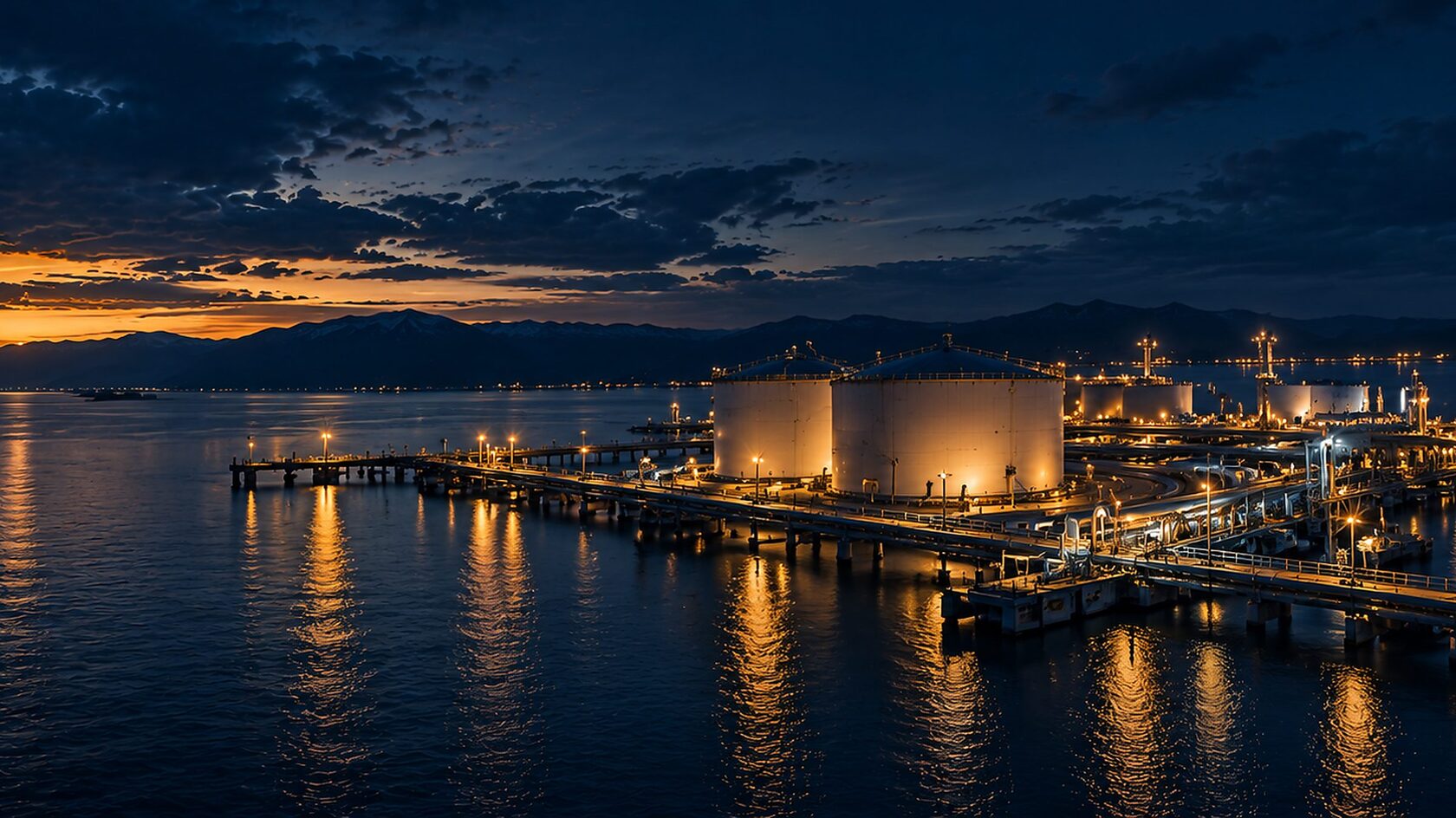 Нефтяной терминал в вечерних огнях