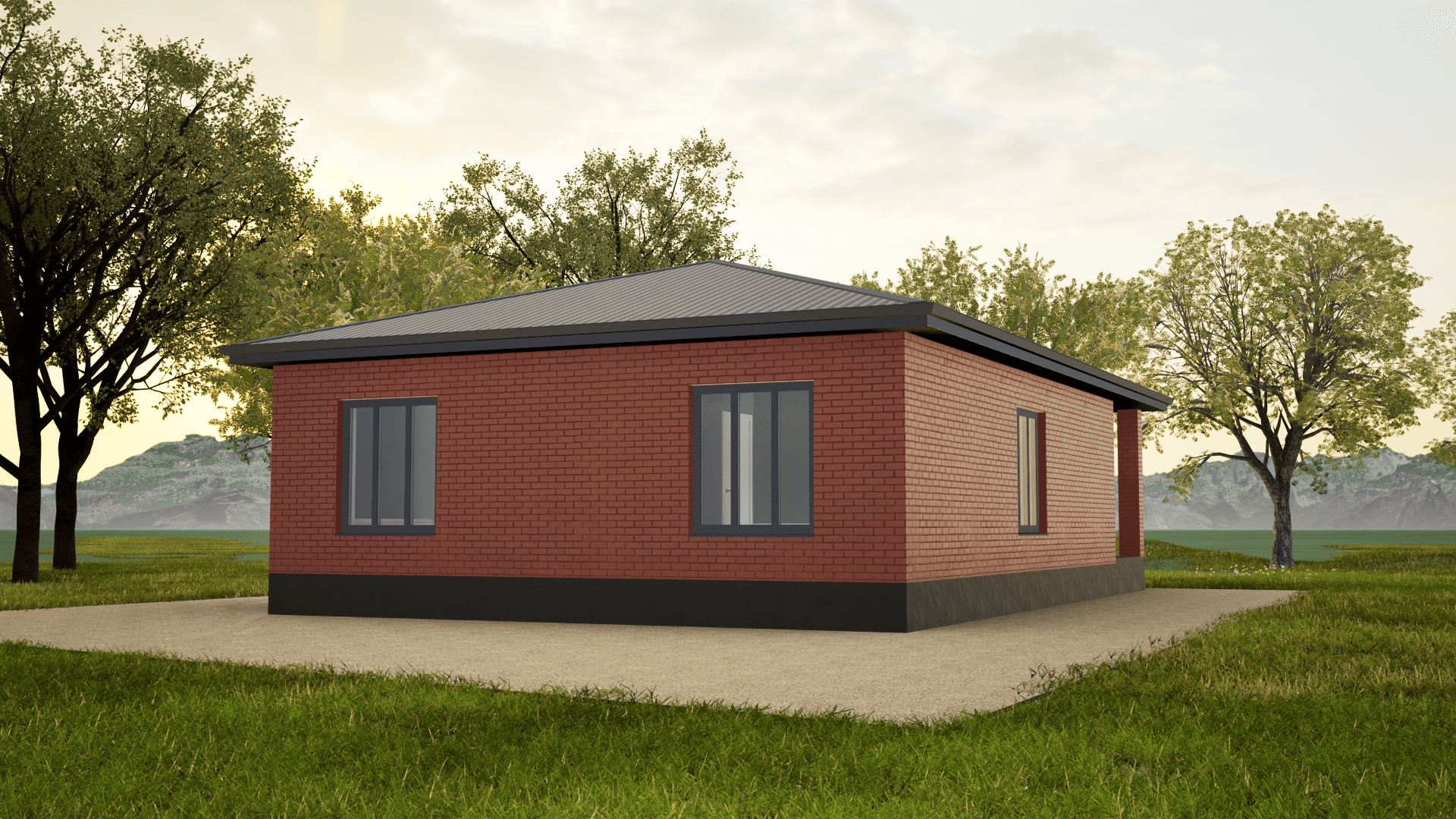 Одноэтажный дом в Ставрополе из красного кирпича с темными окнами, крытой террасой и темной крышей цвета серый графит