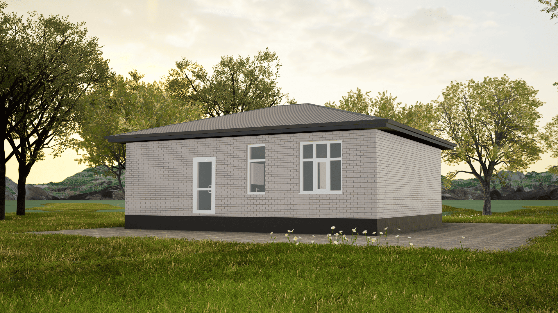 Одноэтажный дом в Ставрополе из белого силикатного кирпича с белыми окнами, открытой террасой и темной крышей цвета серый графит