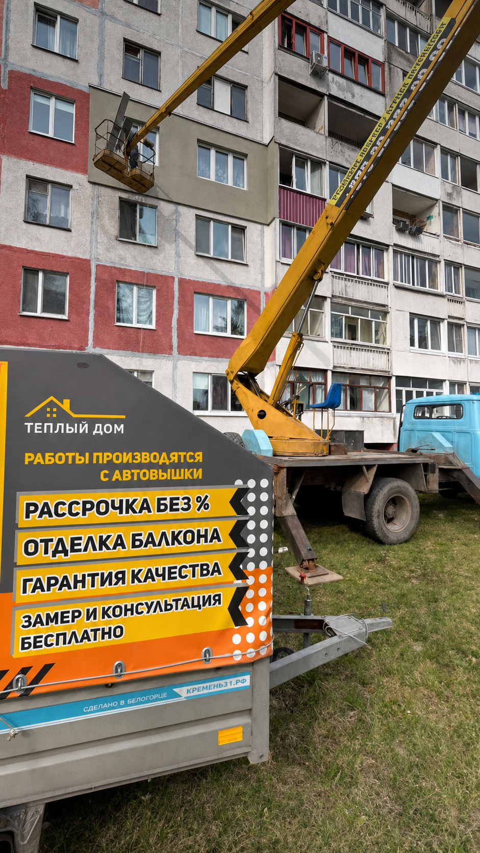 Видео фасадных работ с собственной автовышки