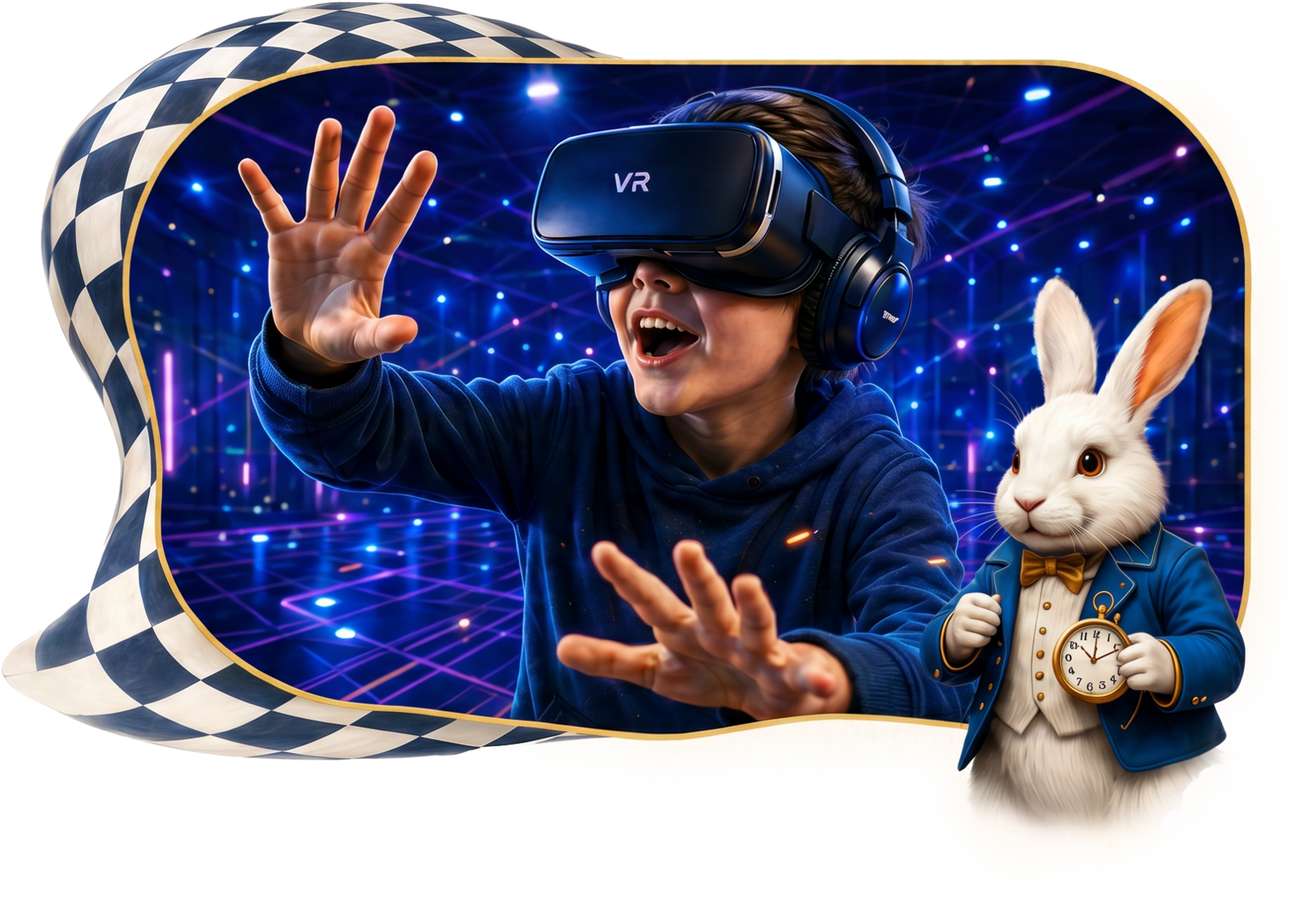 Ребёнок в VR-шлеме и зайчик