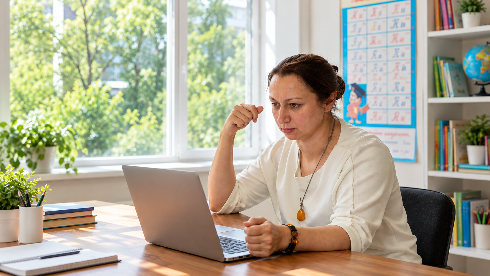 Елена Сергеевна работает за ноутбуком