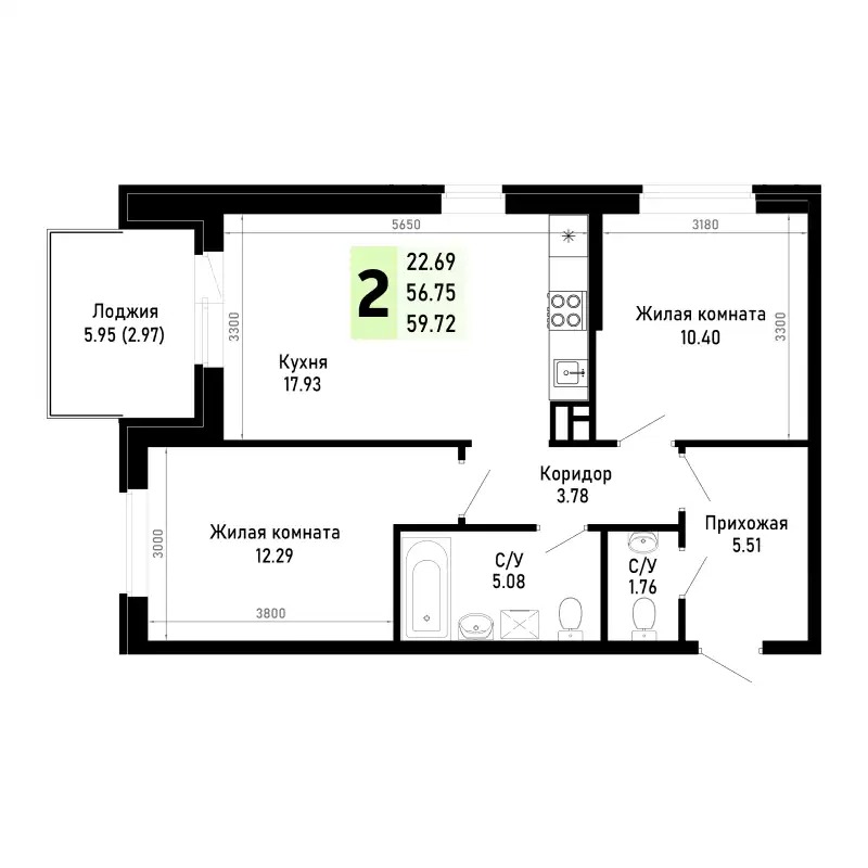 Планировка 2-комнатной квартиры 59.72 м²