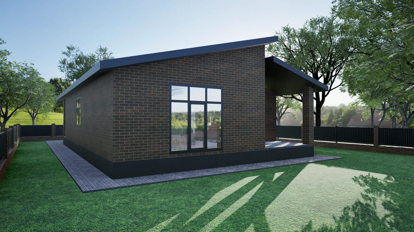 Одноэтажный дом в Ставрополе из темного кирпича с разноуровневой крышей и большими окнами