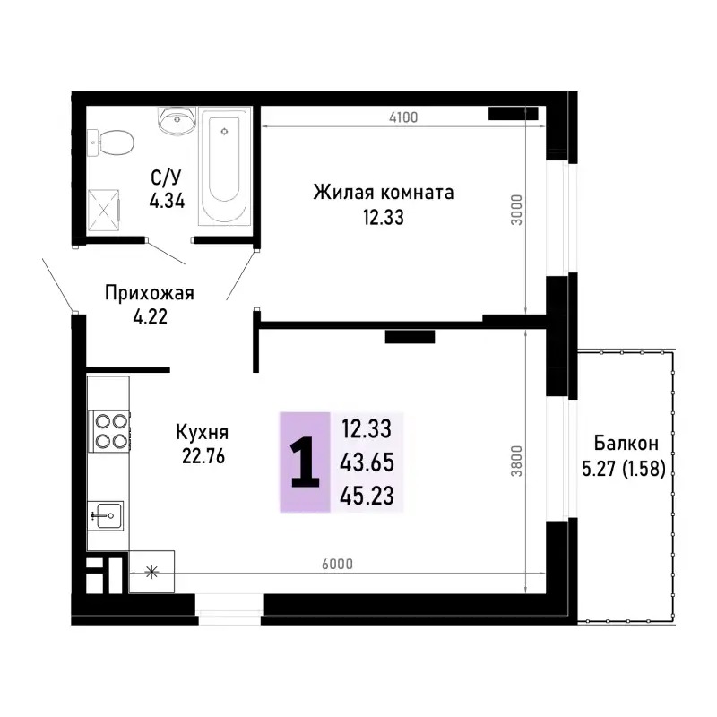 Планировка 1-комнатной квартиры 45.23 м²