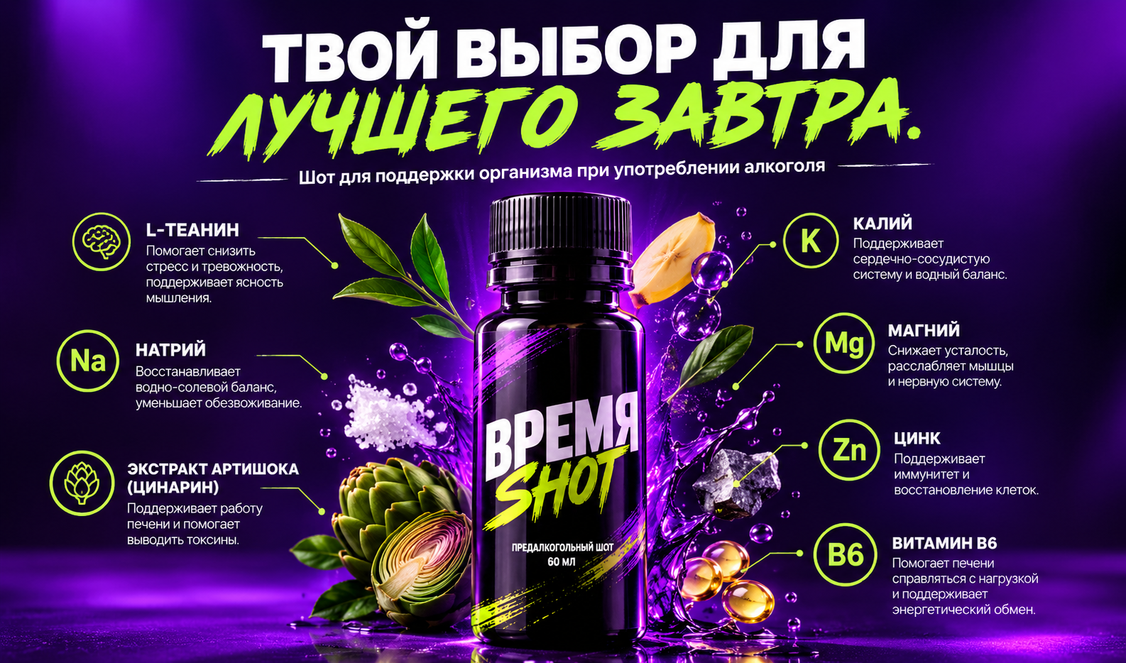 Инфографика «Твой выбор для лучшего завтра»: состав Время SHOT — L-теанин, натрий, экстракт артишока, калий, магний, цинк, витамин B6