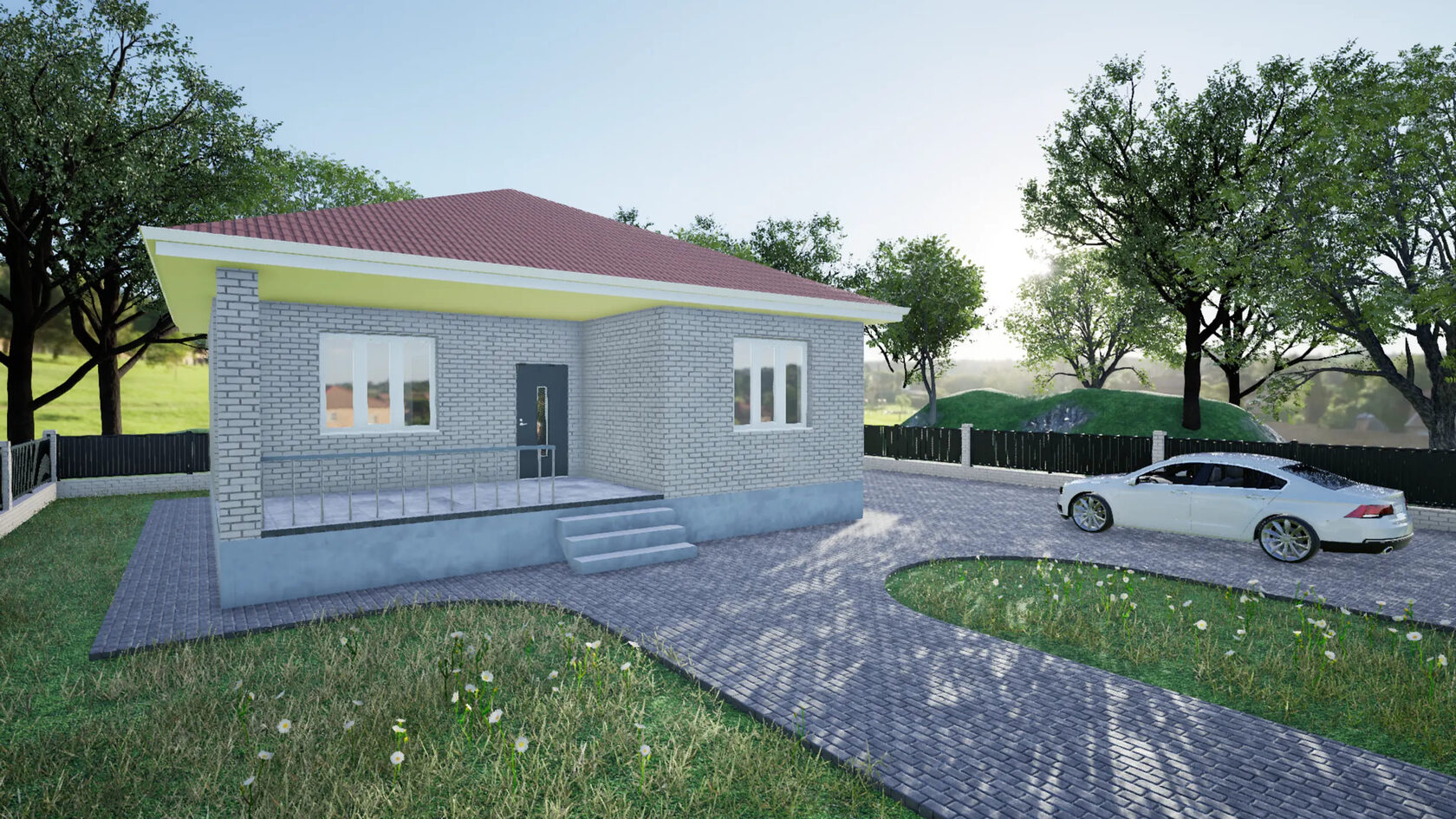 Одноэтажный дом в Ставрополе из белого силикатного кирпича с большой террасой и бордовой крышей