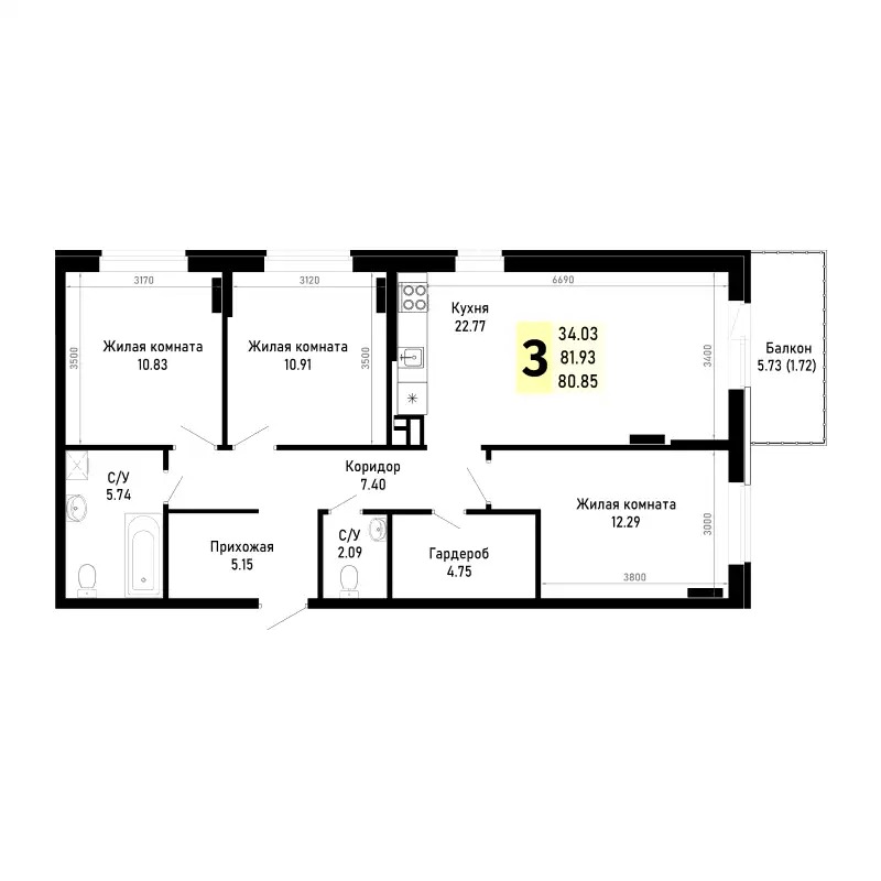 Планировка 3-комнатной квартиры 80.85 м²
