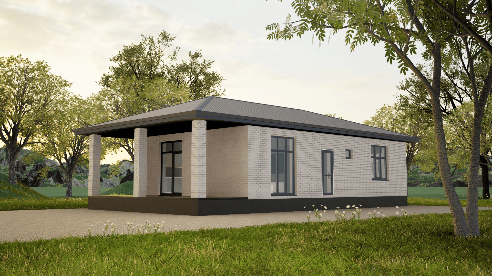 Одноэтажный дом в Ставрополе из белого силикатного кирпича с большой крытой террасой и темной кровлей цвета серый графит