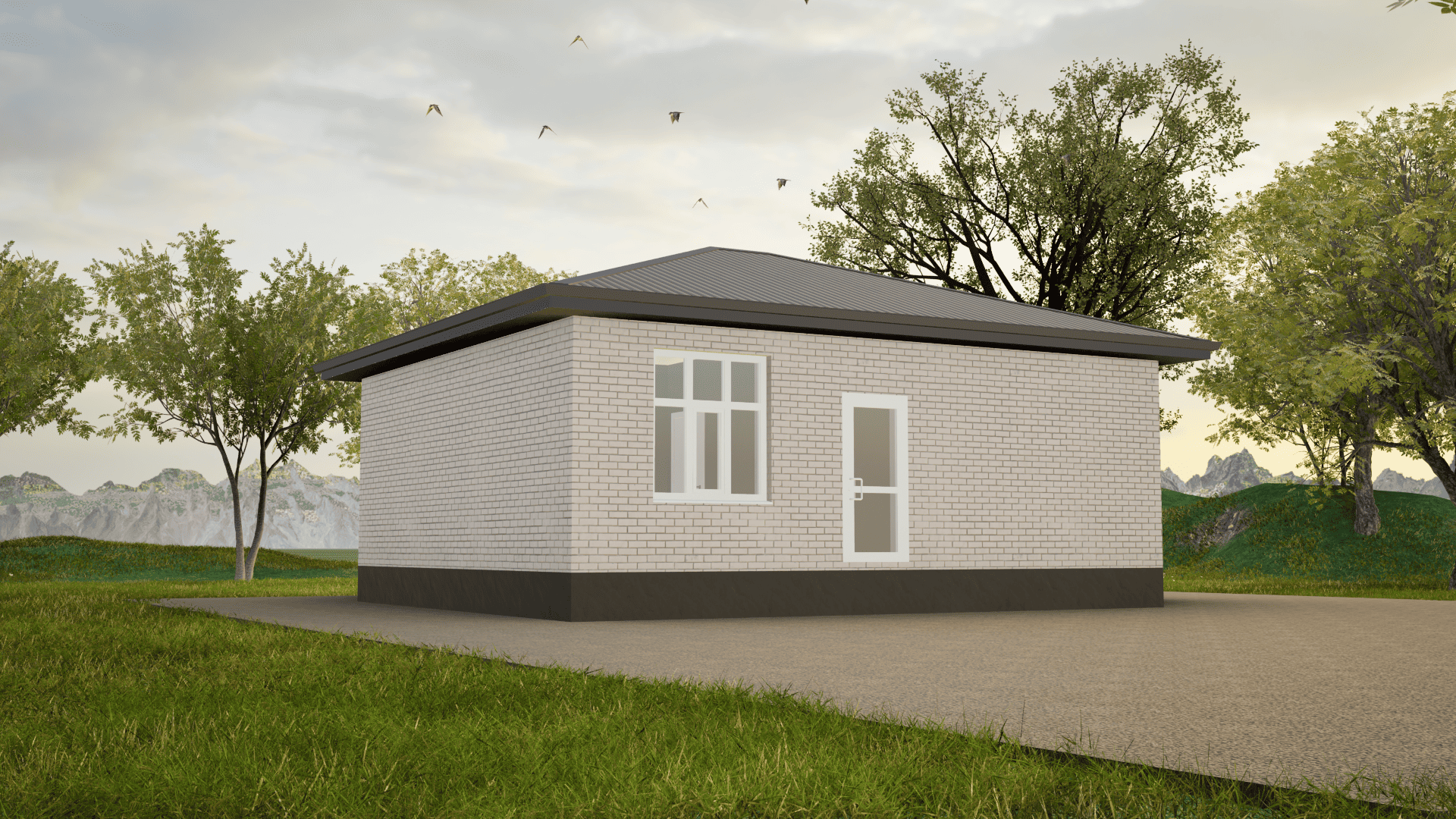 Маленький одноэтажный дом в Ставрополе из белого силикатного кирпича с белыми окнами и темной крышей цвета серый графит