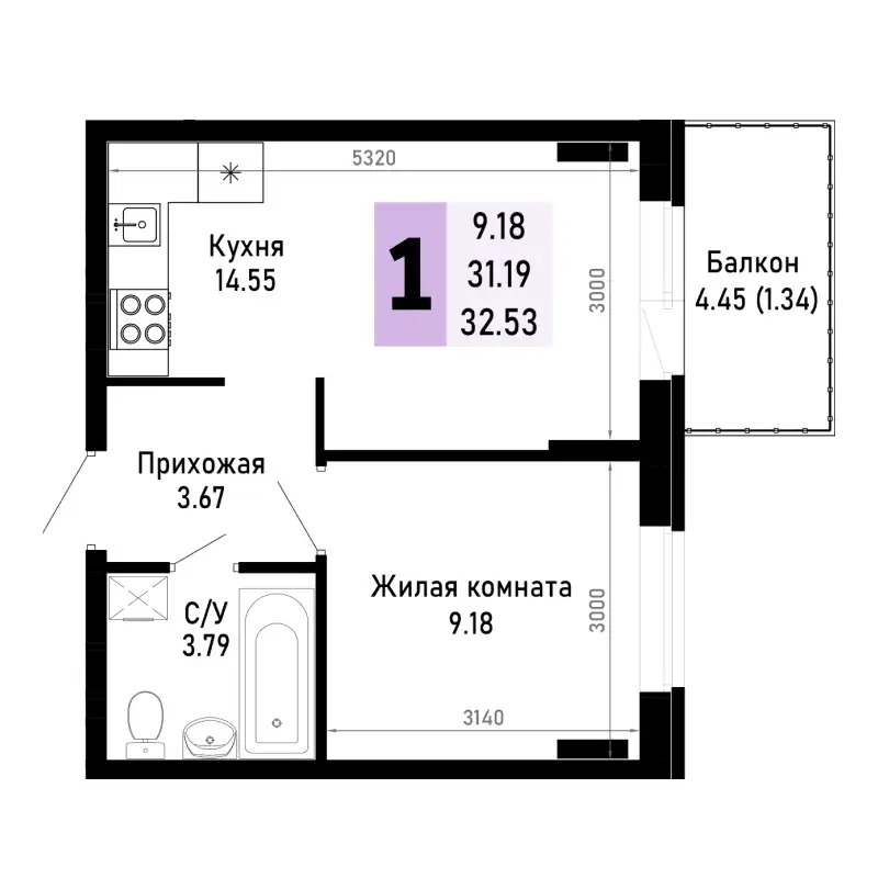 Планировка 1-комнатной квартиры 32.53 м²