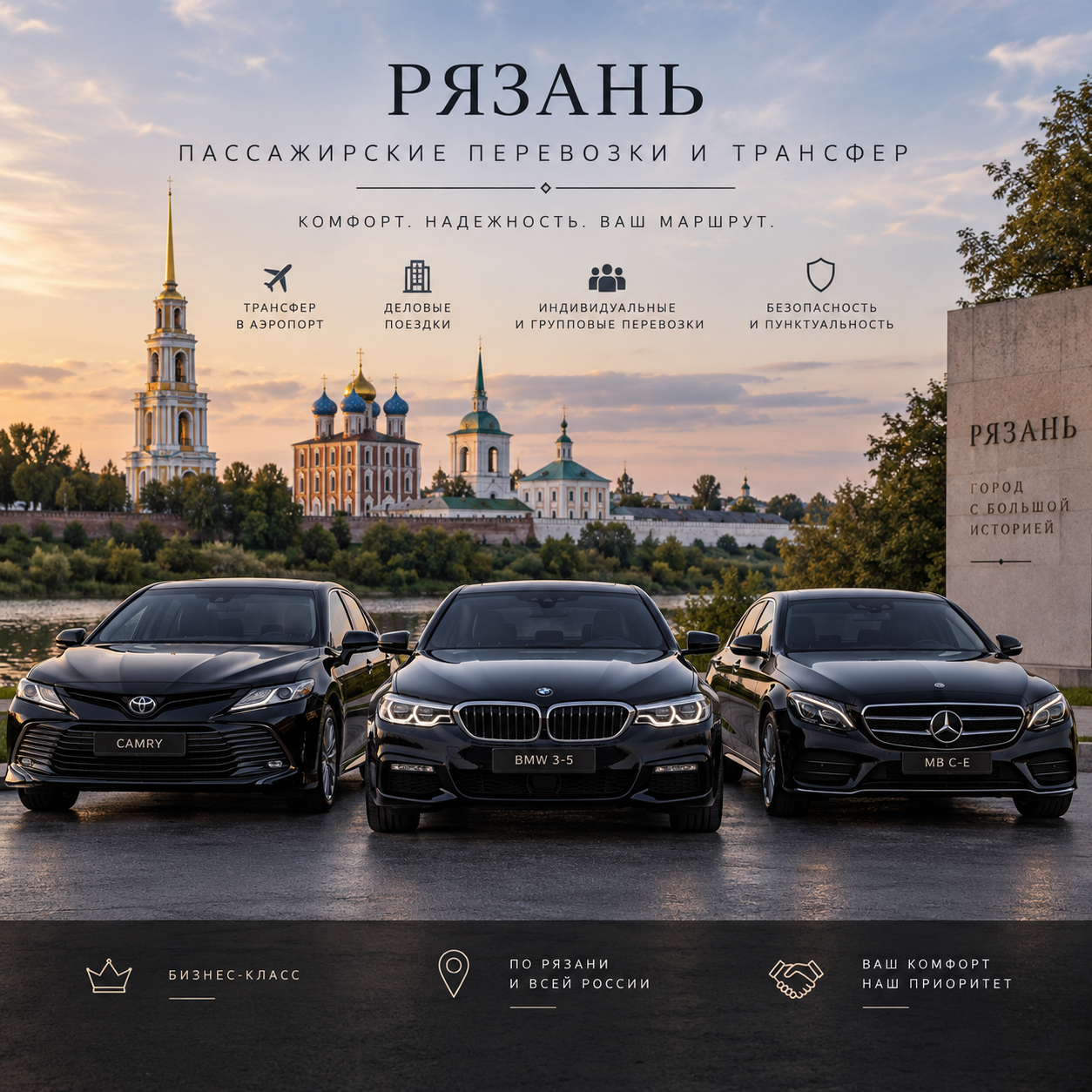 Автомобили бизнес-класса Toyota Camry, BMW 3-5, Mercedes C-E на фоне Рязани