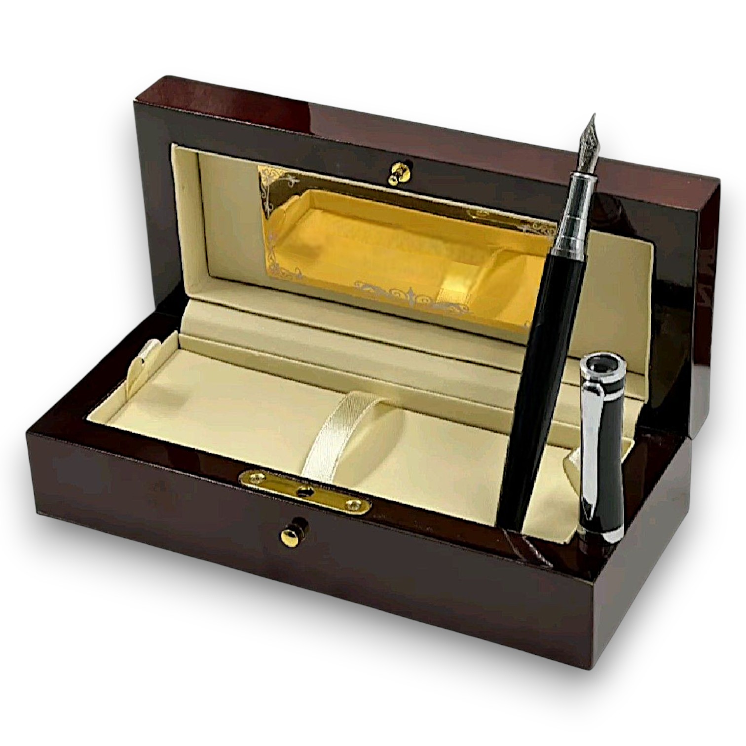 Упаковка-Пенал для подарочной ручки,из дерева с золотыми деталями содержит чернильную ручку и заправку.