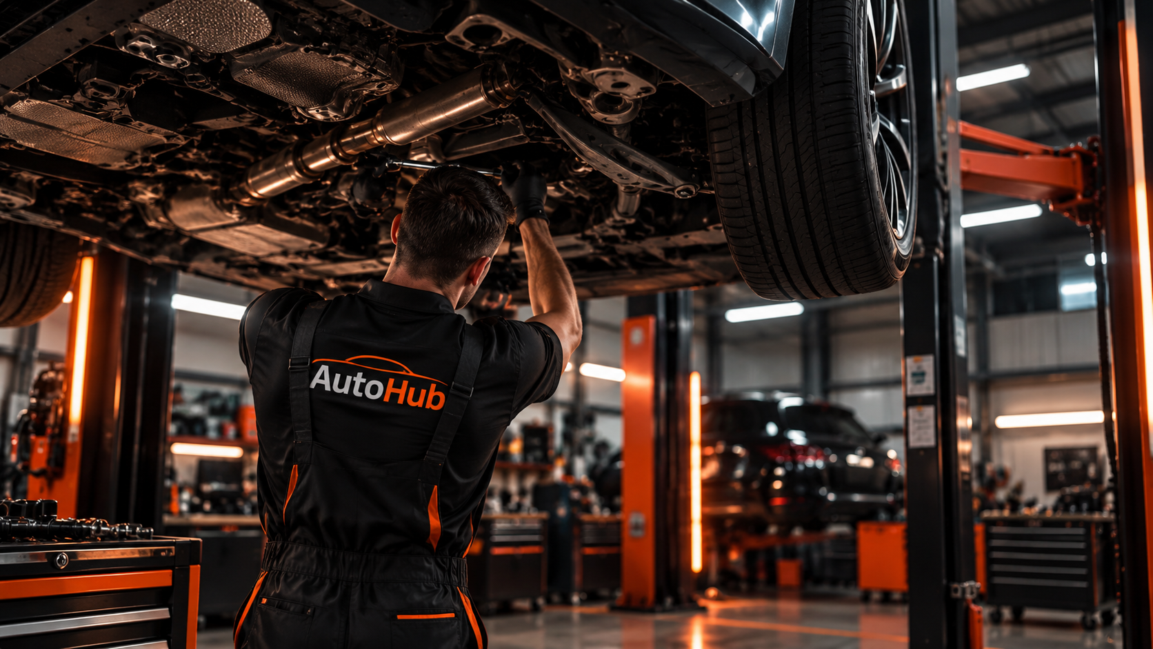 Мастер AutoHub выполняет работы с автомобилем на подъёмнике
