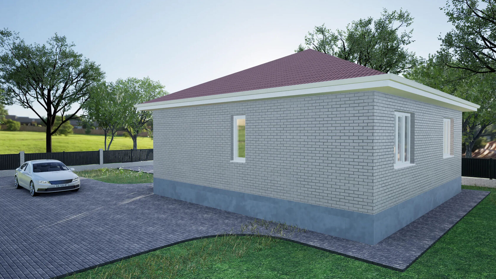 Одноэтажный дом в Ставрополе из белого силикатного кирпича с большой террасой и бордовой крышей