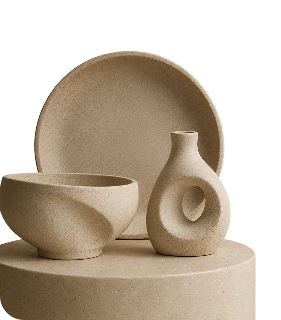 Stacked layered ceramic pottery forms in beige