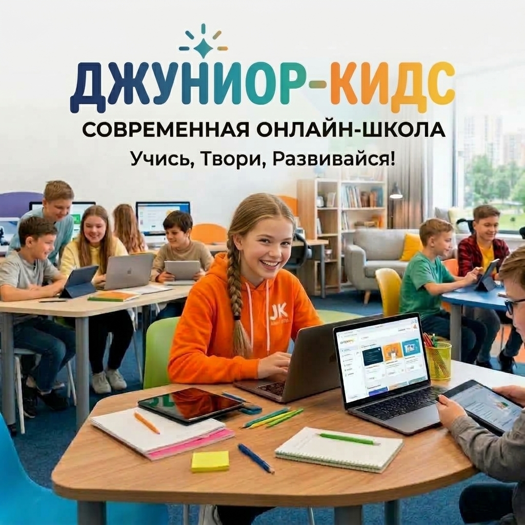 Ребёнок 7–12 лет занимается онлайн за ноутбуком, рядом книги и тетрадь, на экране онлайн-урок