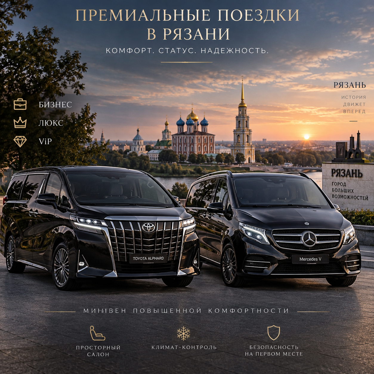 Минивэны повышенной комфортности Toyota Alphard и Mercedes V-Class на фоне Рязани