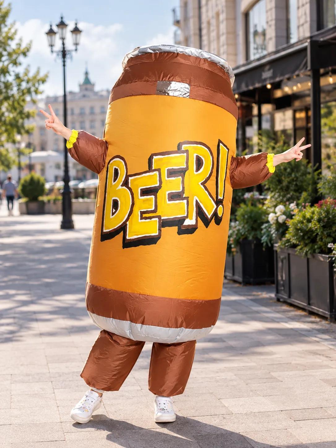 Надувной костюм банки пива с надписью BEER на городской улице