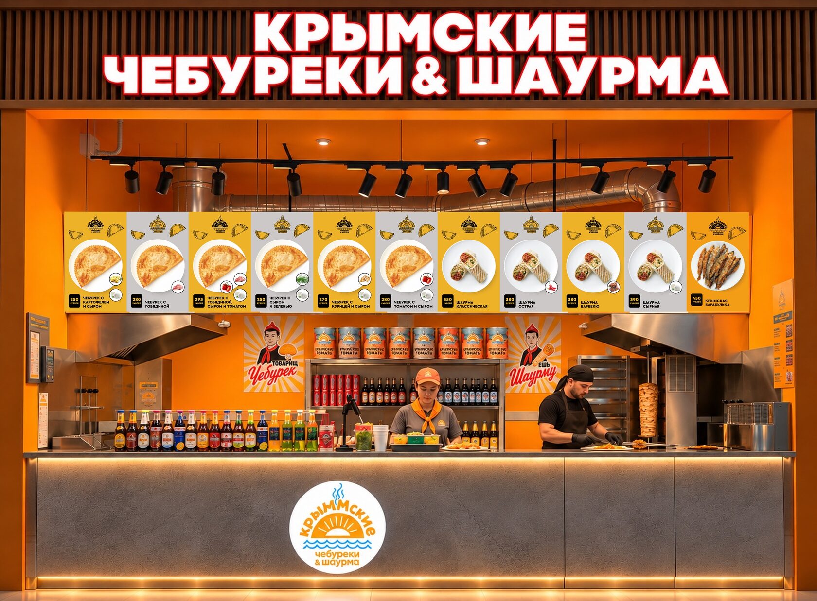 Интерьер кафе Крымские чебуреки и шаурма с открытой кухней