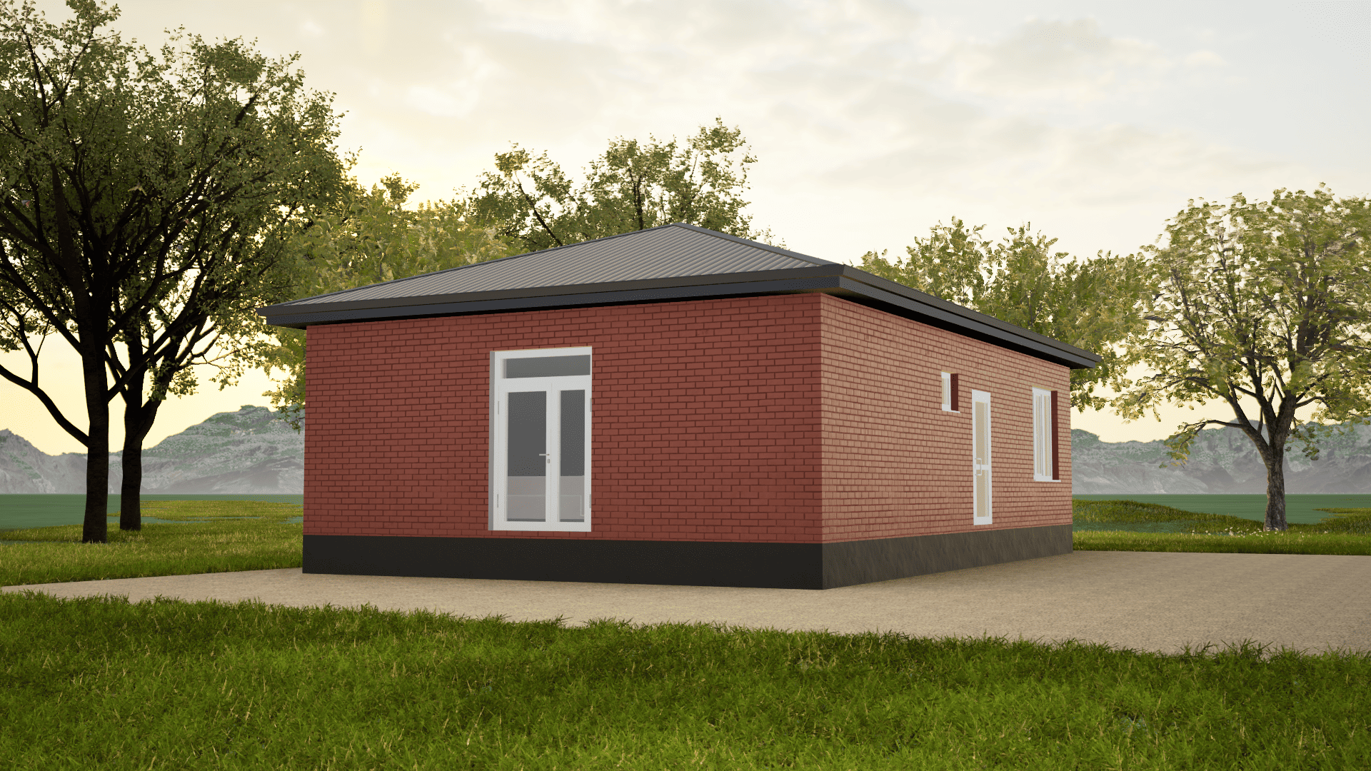 Одноэтажный дом в Ставрополе из красного кирпича с белыми окнами и темной крышей цвета серый графит