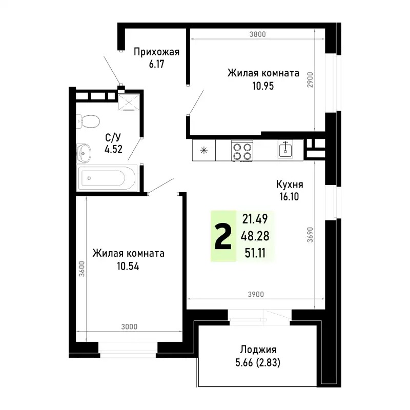 Планировка 2-комнатной квартиры 51.11 м²